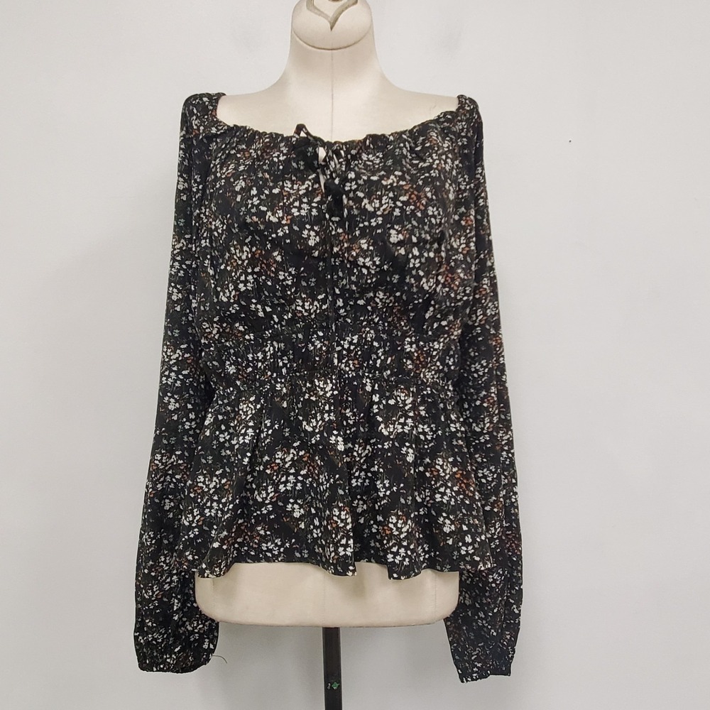 Arula Womens Long Sleeve Micro Floral Milkmaid Top Size 3X Black Stretch Cottage